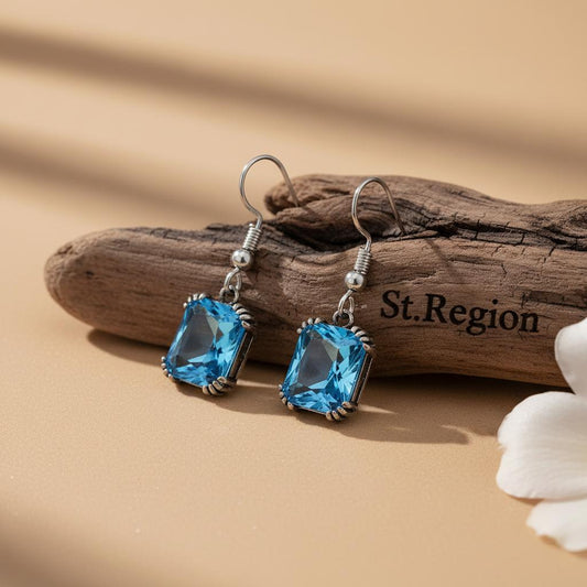 Sea Blue Crystal & Silver-Plated Princess-Cut Drop Earrings