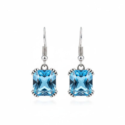 Sea Blue Crystal and Silver-Plated Princess-Cut Drop Earrings, silver drop earrings for women, side view
