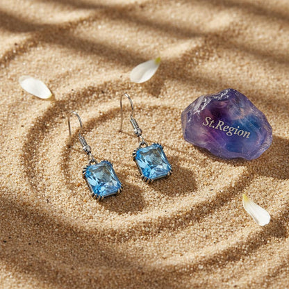 Sea Blue Crystal and Silver-Plated Princess-Cut Drop Earrings, silver drop earrings for women, detail close-up
