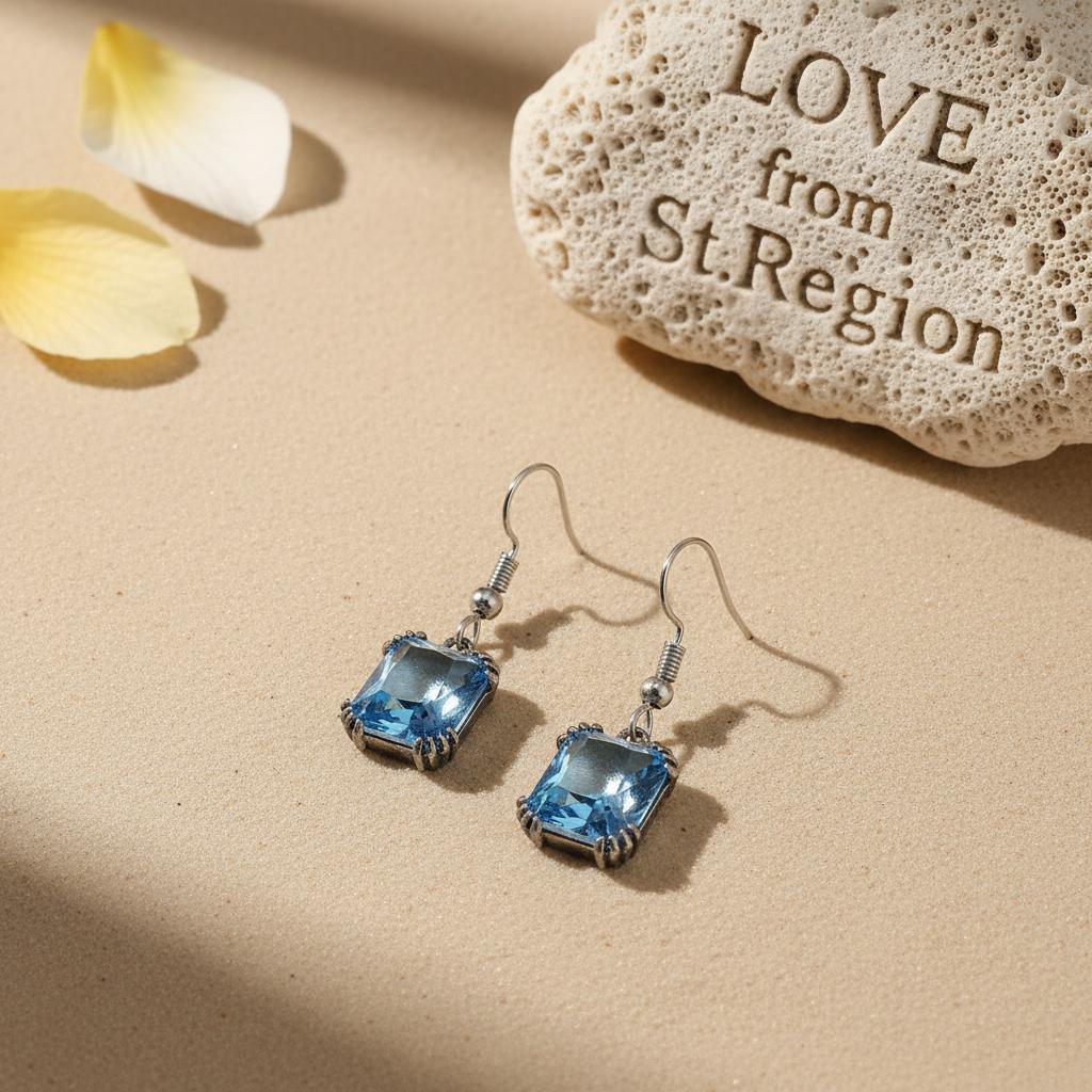 Sea Blue Crystal and Silver-Plated Princess-Cut Drop Earrings, silver drop earrings for women, lifestyle look