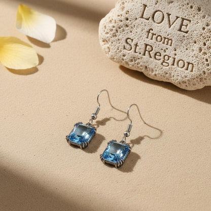 Sea Blue Crystal and Silver-Plated Princess-Cut Drop Earrings, silver drop earrings for women, lifestyle look