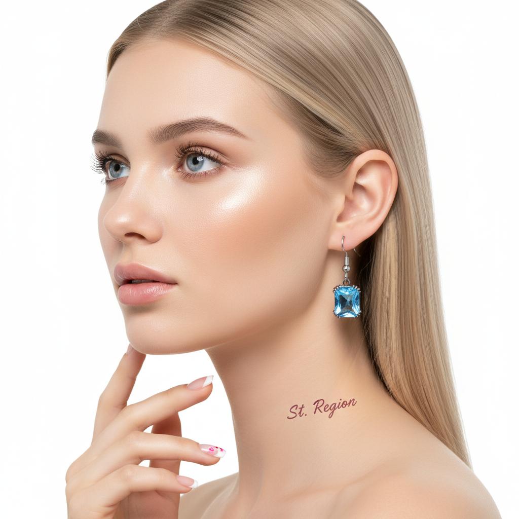 Sea Blue Crystal and Silver-Plated Princess-Cut Drop Earrings, silver drop earrings for women, styled look