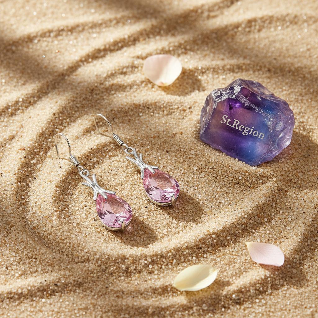 Pink Crystal and Silver-Plated Hook Drop Earrings, silver drop earrings for women, everyday style, detail close-up