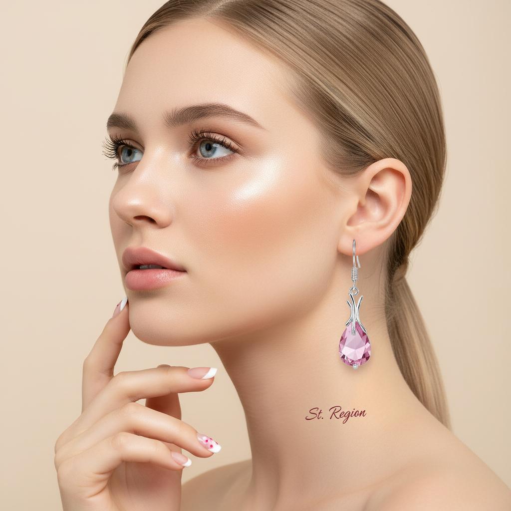 Pink Crystal and Silver-Plated Hook Drop Earrings, silver drop earrings for women, everyday style, styled look