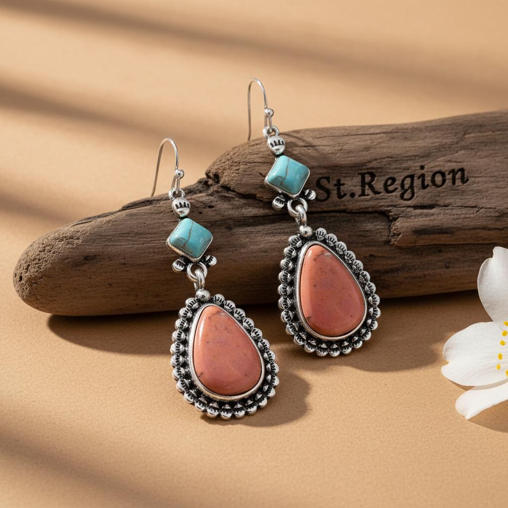 Turquoise and Silver-Plated Drop Earrings, silver drop earrings for women, elegant gift for her, front view