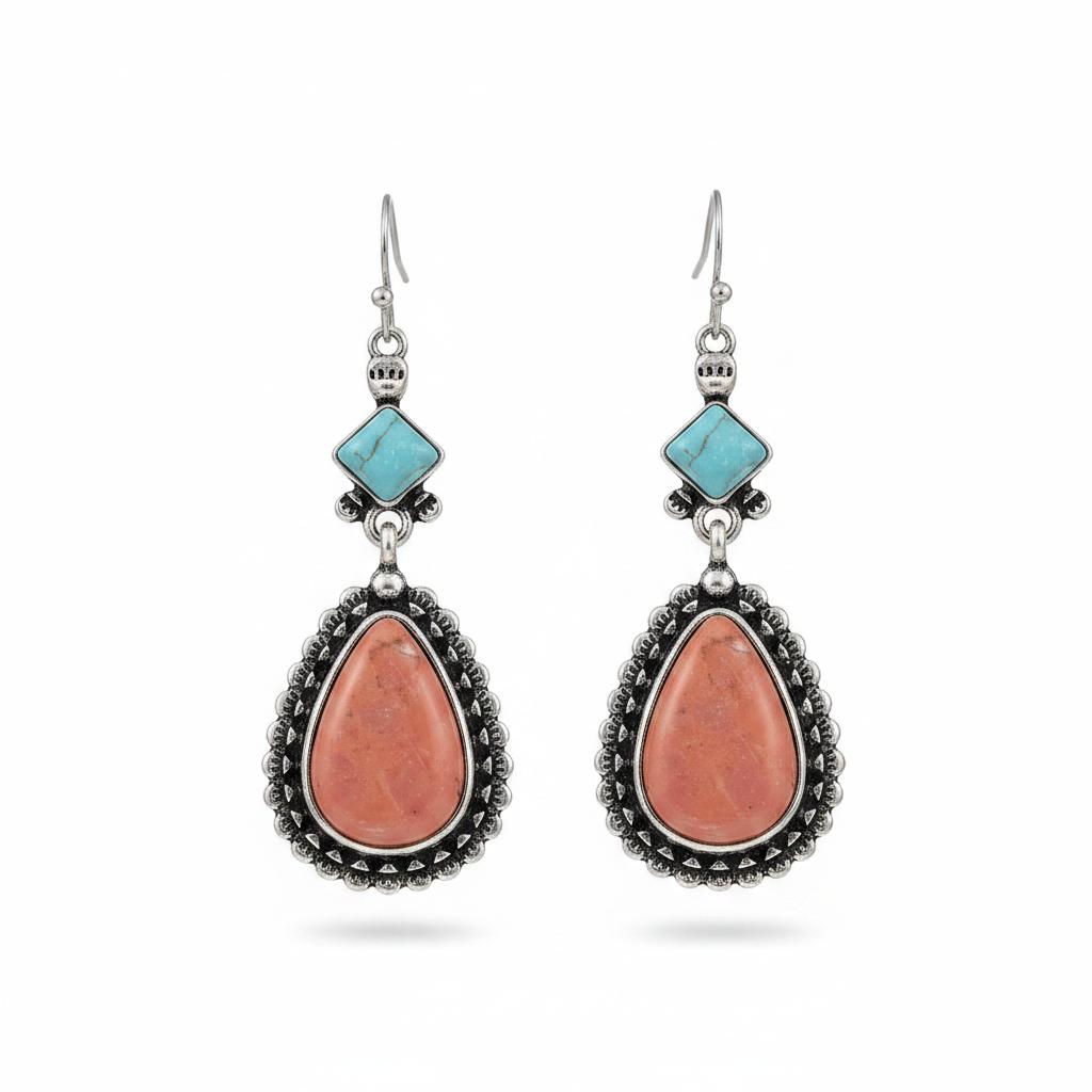 Turquoise and Silver-Plated Drop Earrings, silver drop earrings for women, elegant gift for her, side view