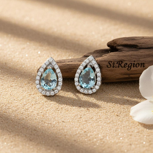 Blue Topaz and Cubic Zirconia Silvertone Hola Drop Huggie Earrings, silver huggie earrings, elegant gift for her, front view