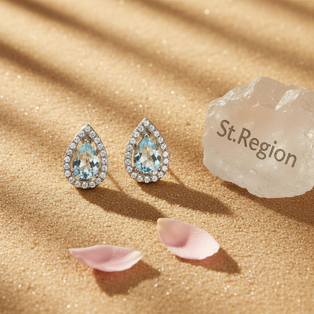 Blue Topaz and Cubic Zirconia Silvertone Hola Drop Huggie Earrings, silver huggie earrings, detail close-up