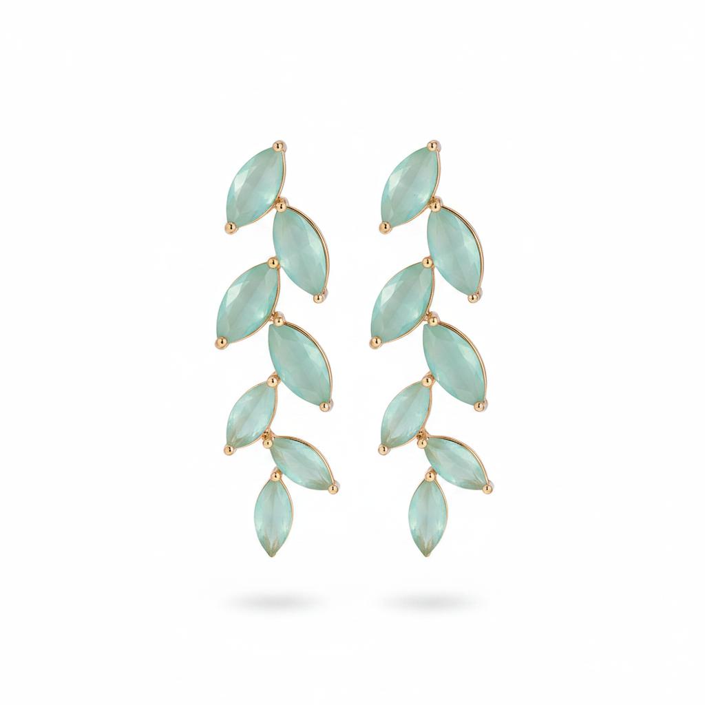 Green Crystal and 18K Gold-Plated Leaves Drop Earrings, gold drop earrings for women, everyday style, side view