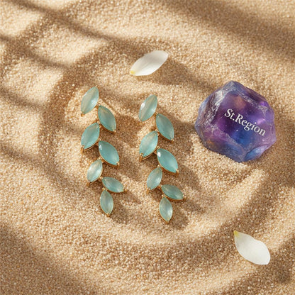 Green Crystal and 18K Gold-Plated Leaves Drop Earrings, gold drop earrings for women, everyday style, detail close-up