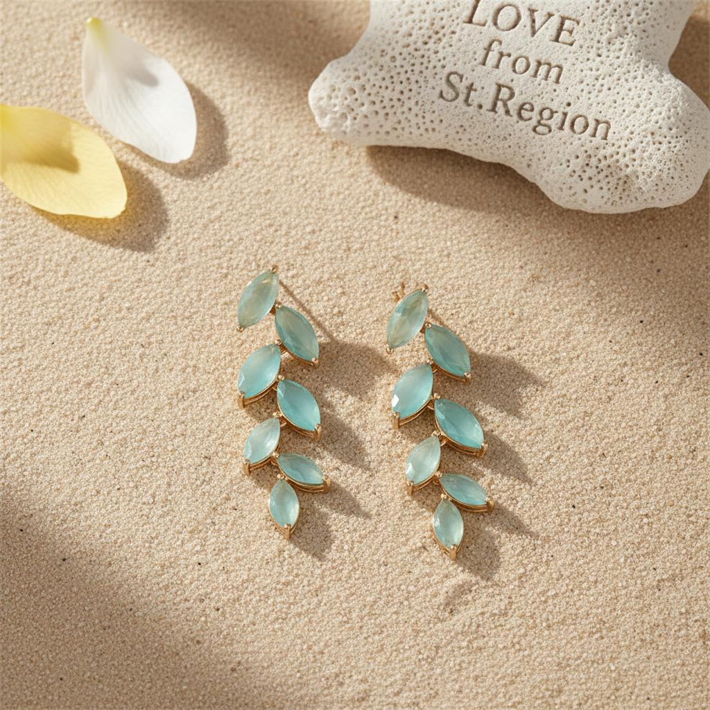 Green Crystal and 18K Gold-Plated Leaves Drop Earrings, gold drop earrings for women, everyday style, lifestyle look