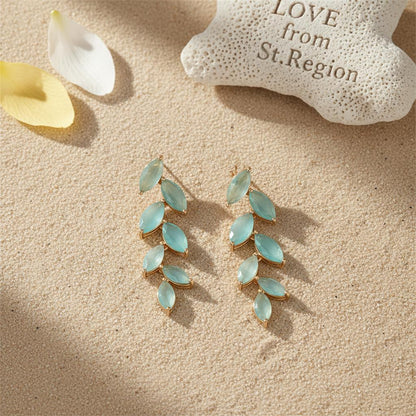 Green Crystal and 18K Gold-Plated Leaves Drop Earrings, gold drop earrings for women, everyday style, lifestyle look
