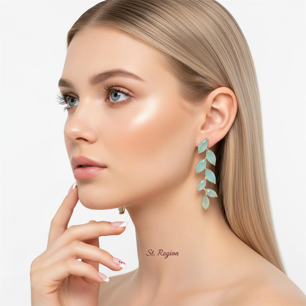 Green Crystal and 18K Gold-Plated Leaves Drop Earrings, gold drop earrings for women, everyday style, styled look