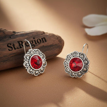 Red Crystal and Silvertone Flower Round Earrings, silver drop earrings for women, vintage-inspired design, front view