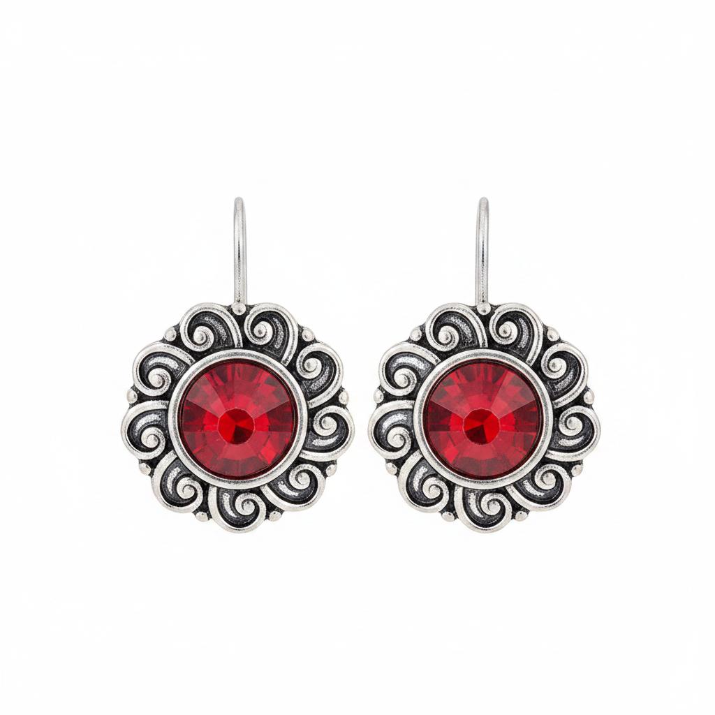 Red Crystal and Silvertone Flower Round Earrings, silver drop earrings for women, vintage-inspired design, side view