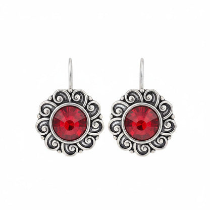 Red Crystal and Silvertone Flower Round Earrings, silver drop earrings for women, vintage-inspired design, side view