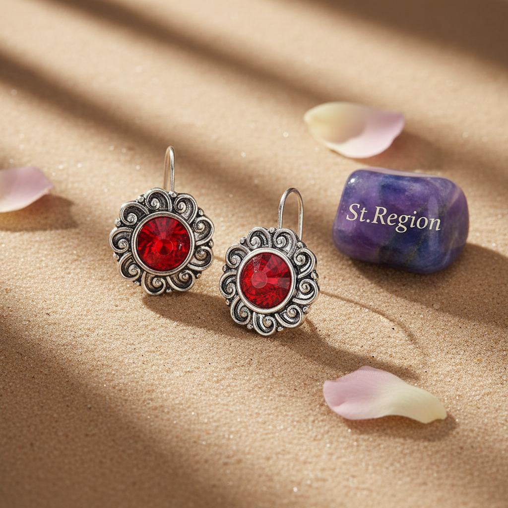 Red Crystal and Silvertone Flower Round Earrings, silver drop earrings for women, vintage-inspired design, detail close-up