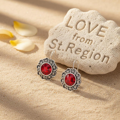 Red Crystal and Silvertone Flower Round Earrings, silver drop earrings for women, vintage-inspired design, lifestyle look