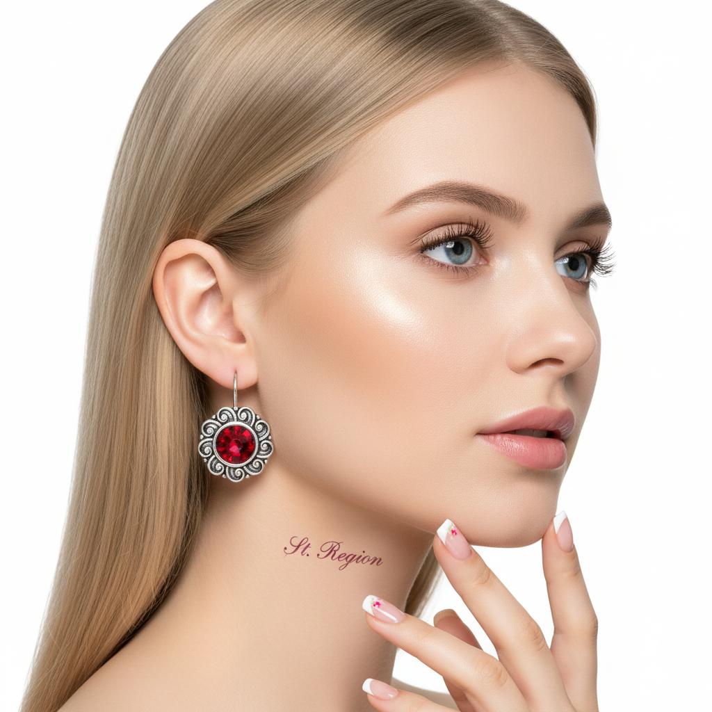 Red Crystal and Silvertone Flower Round Earrings, silver drop earrings for women, vintage-inspired design, styled look