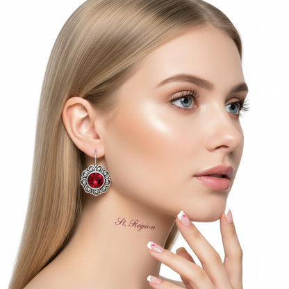 Red Crystal and Silvertone Flower Round Earrings, silver drop earrings for women, vintage-inspired design, styled look
