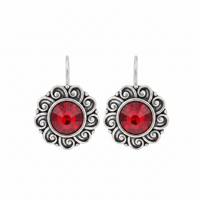 Red Crystal & Silvertone Flower Round Earrings - Street Region