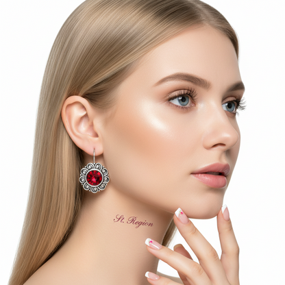 Red Crystal & Silvertone Flower Round Earrings - Street Region