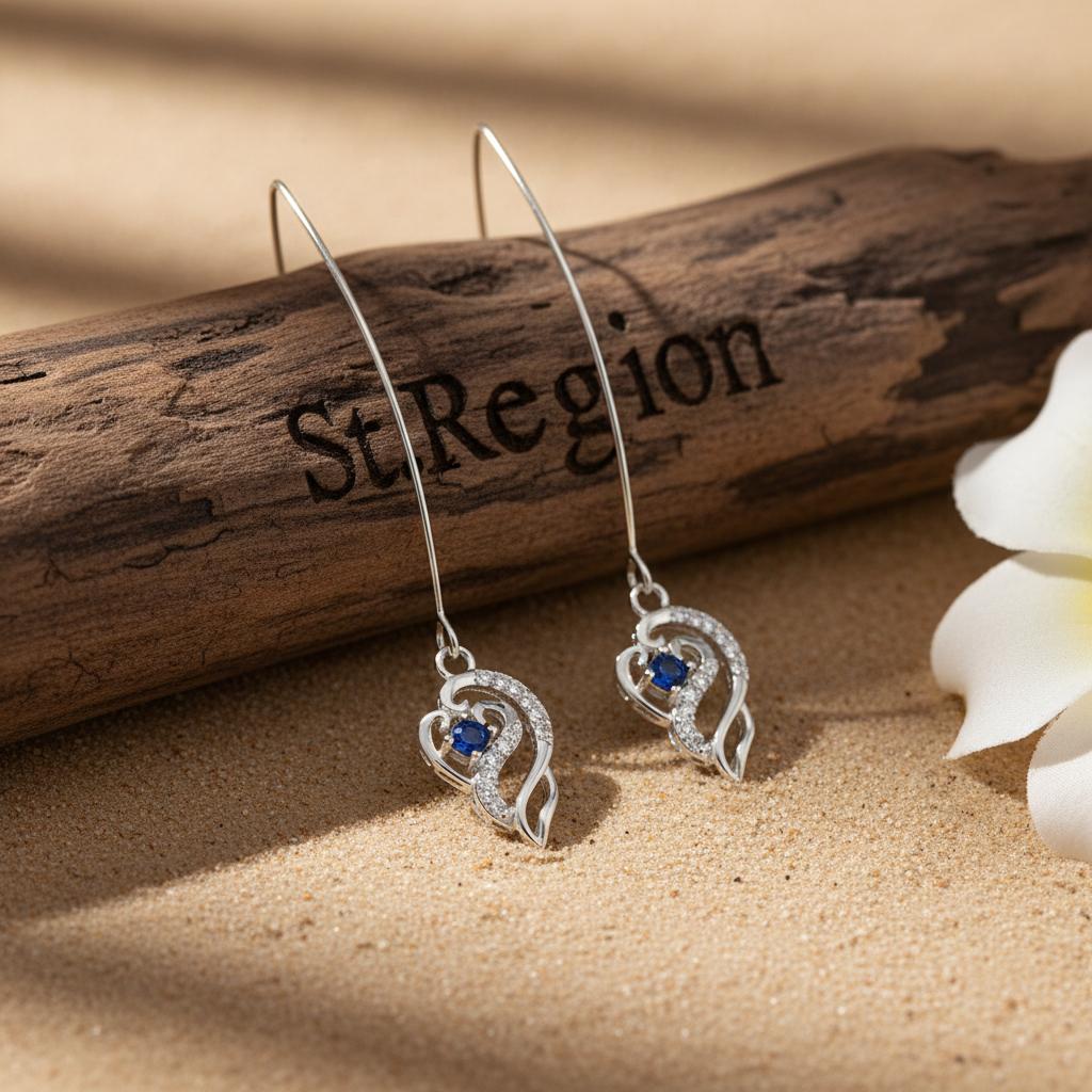 Royal Blue Crystal and Silvertone Swirling Filigree Heart Ultra-long Drop Earrings, silver drop earrings for..., front view