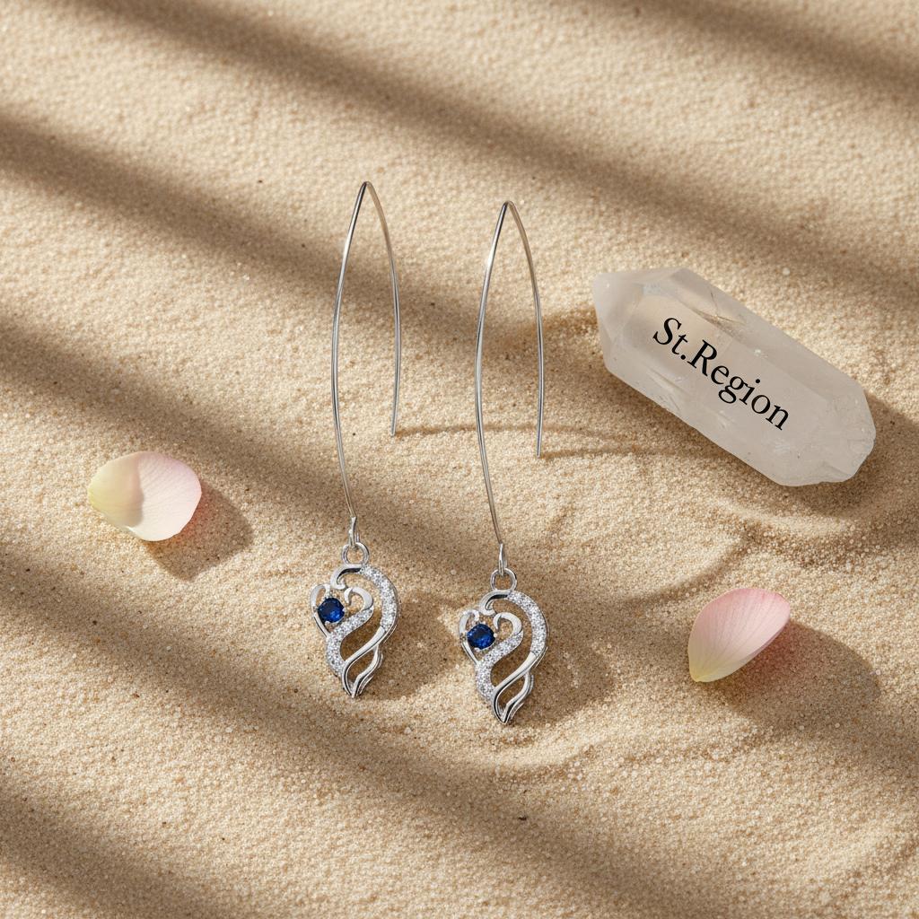 Royal Blue Crystal and Silvertone Swirling Filigree Heart Ultra-long Drop Earrings, silver drop earrings..., detail close-up