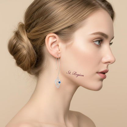 Royal Blue Crystal and Silvertone Swirling Filigree Heart Ultra-long Drop Earrings, silver drop earrings for..., styled look