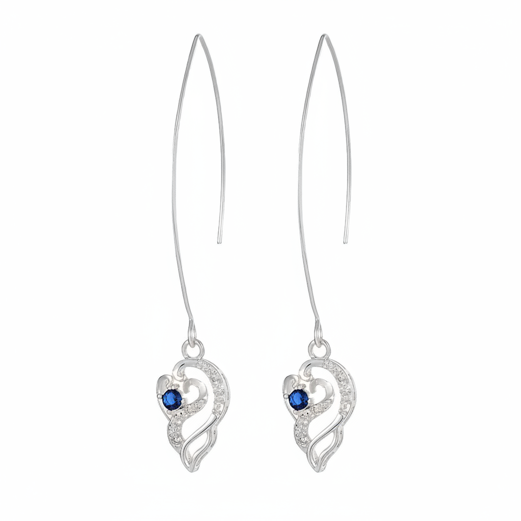 Royal Blue Crystal & Silvertone Swirling Filigree Heart Ultra-long Drop Earrings - Street Region