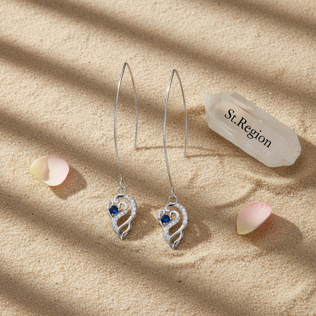 Royal Blue Crystal & Silvertone Swirling Filigree Heart Ultra-long Drop Earrings - Street Region