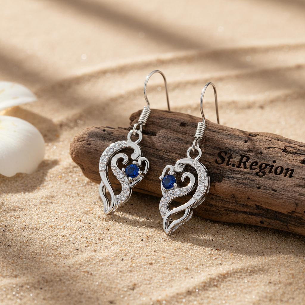 Royal Blue Crystal and Silvertone Swirling Filigree Heart Hook Earrings, silver drop earrings for women, front view