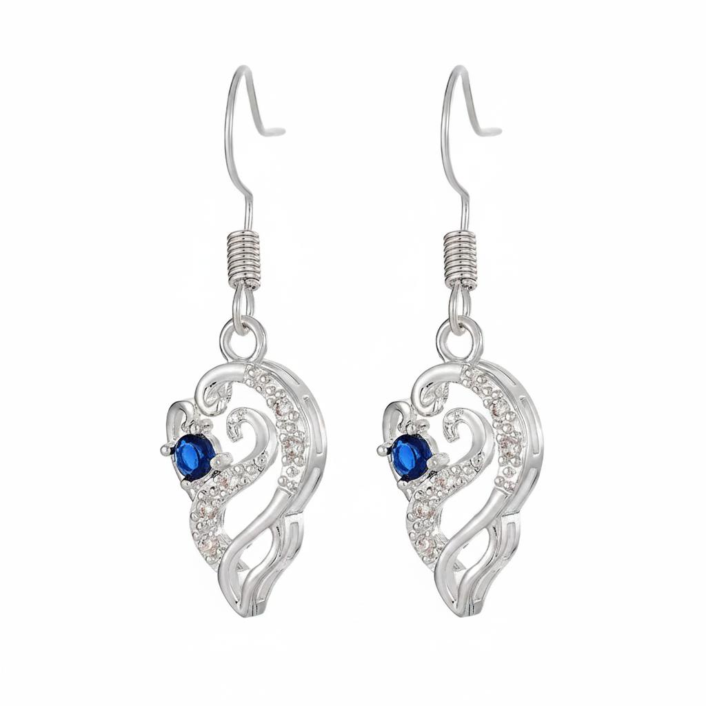 Royal Blue Crystal and Silvertone Swirling Filigree Heart Hook Earrings, silver drop earrings for women, side view