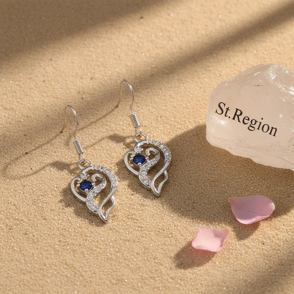 Royal Blue Crystal and Silvertone Swirling Filigree Heart Hook Earrings, silver drop earrings for women, detail close-up