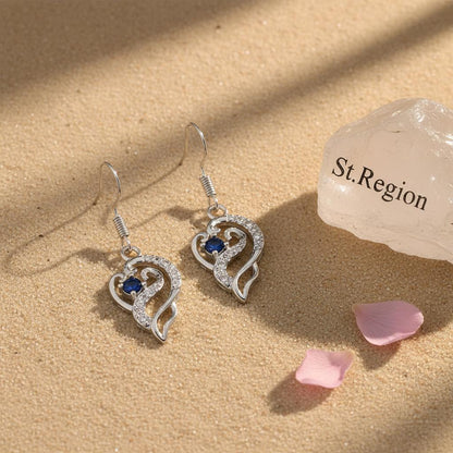 Royal Blue Crystal and Silvertone Swirling Filigree Heart Hook Earrings, silver drop earrings for women, detail close-up