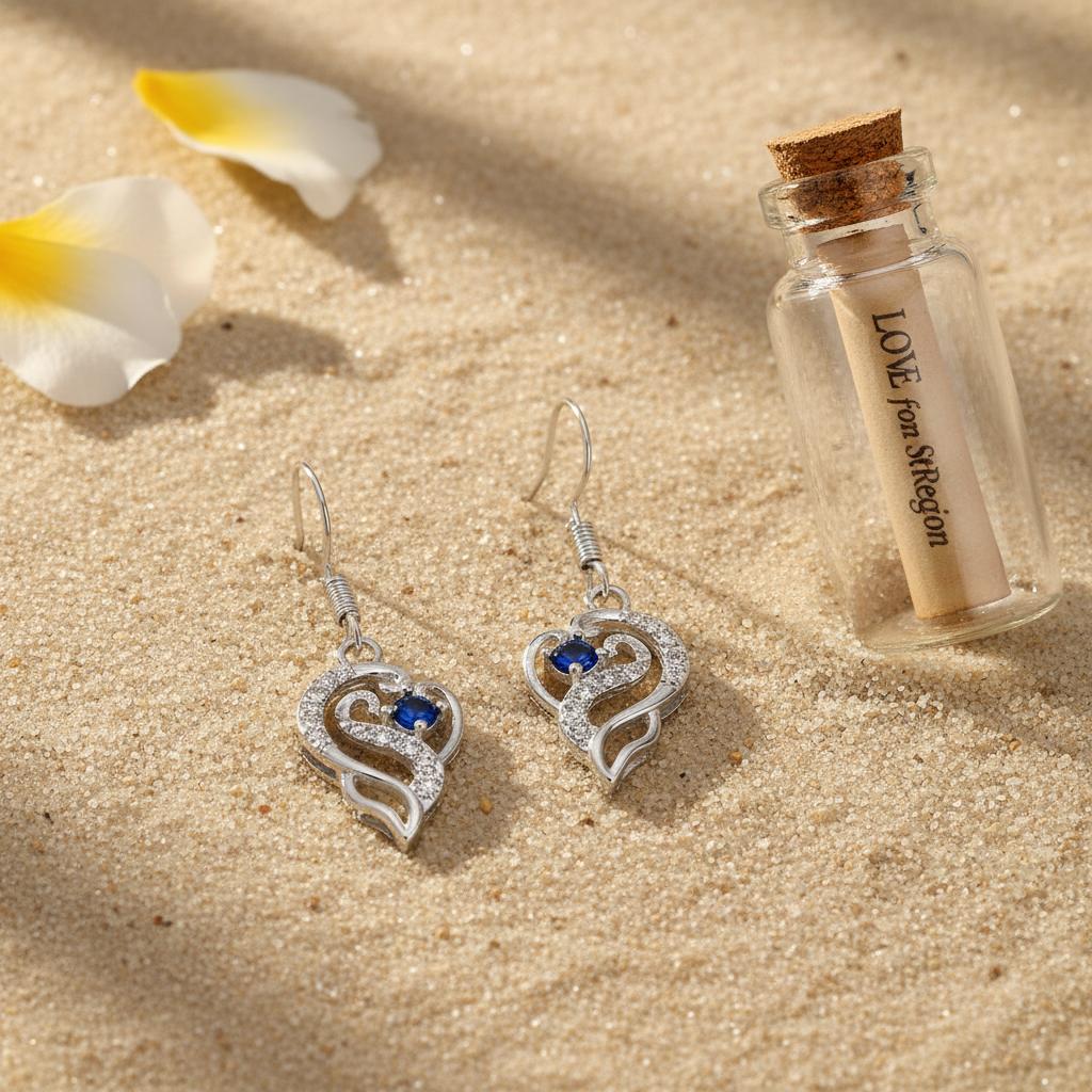 Royal Blue Crystal and Silvertone Swirling Filigree Heart Hook Earrings, silver drop earrings for women, lifestyle look