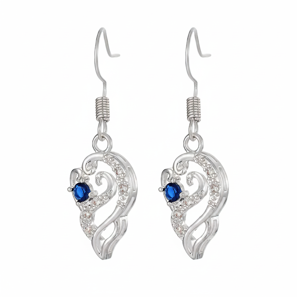 Royal Blue Crystal & Silvertone Swirling Filigree Heart Hook Earrings - Street Region