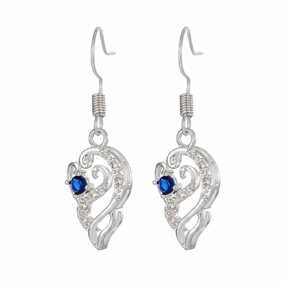 Royal Blue Crystal & Silvertone Swirling Filigree Heart Hook Earrings - Street Region
