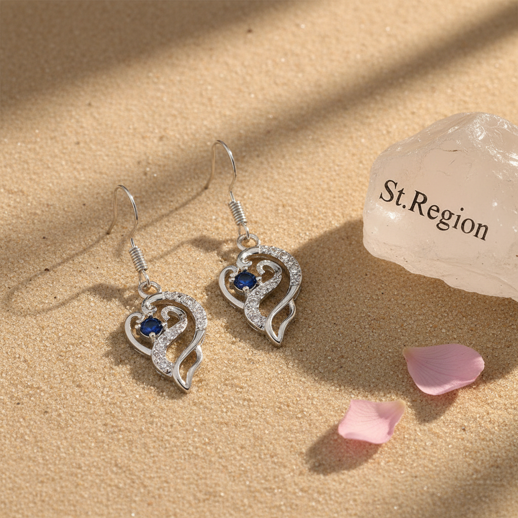Royal Blue Crystal & Silvertone Swirling Filigree Heart Hook Earrings - Street Region