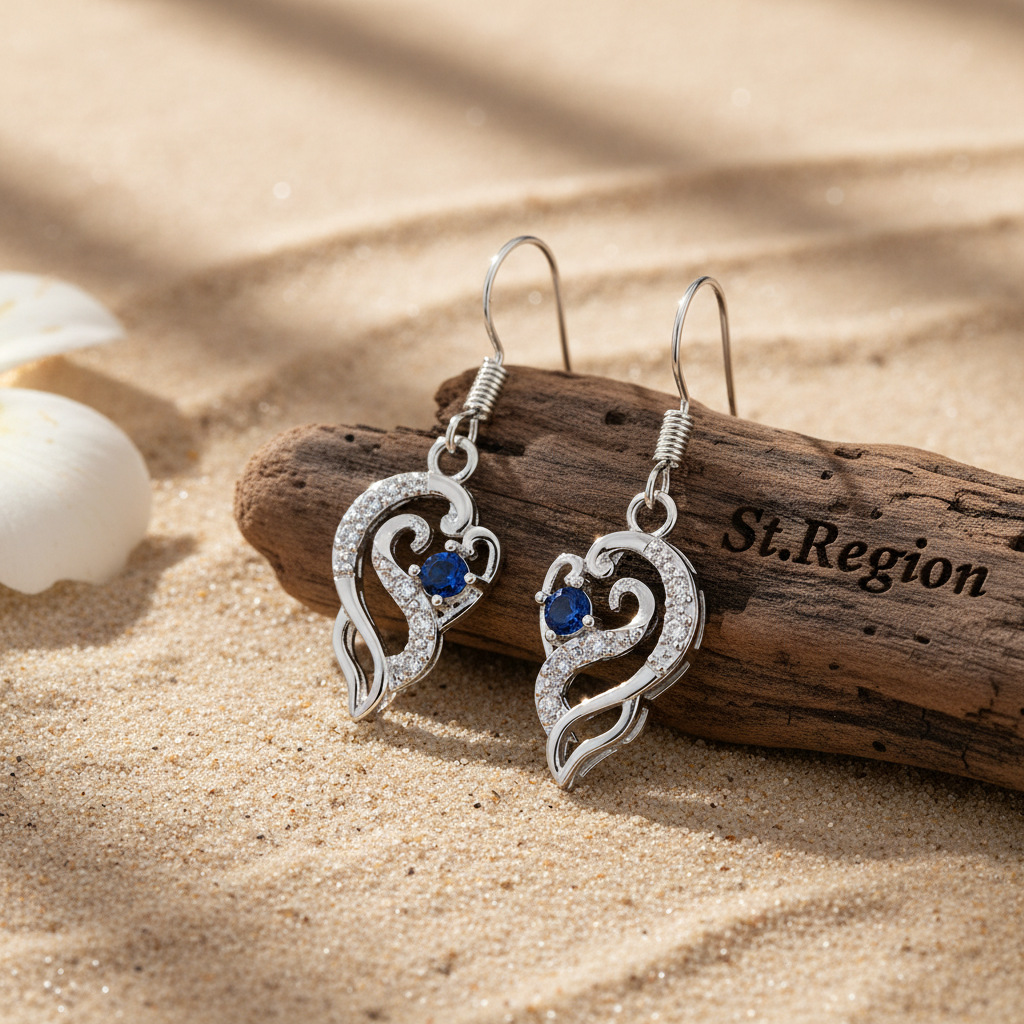 Royal Blue Crystal & Silvertone Swirling Filigree Heart Hook Earrings - Street Region