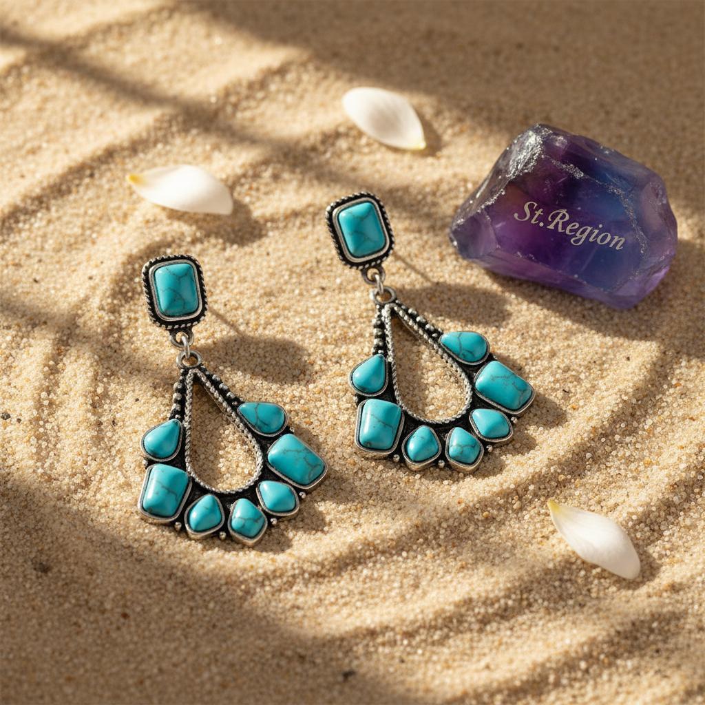 Marbled Turquoise and Silver-Plated Chandelier Drop Earrings, silver drop earrings for women, detail close-up