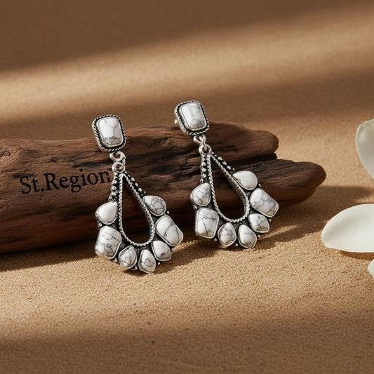 White Marbled Turquoise and Silver-Plated Chandelier Drop Earrings, silver drop earrings for women, front view