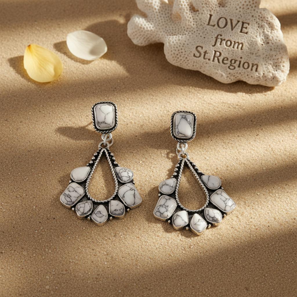 White Marbled Turquoise and Silver-Plated Chandelier Drop Earrings, silver drop earrings for women, lifestyle look