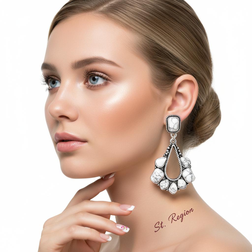 White Marbled Turquoise and Silver-Plated Chandelier Drop Earrings, silver drop earrings for women, styled look