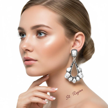 White Marbled Turquoise and Silver-Plated Chandelier Drop Earrings, silver drop earrings for women, styled look
