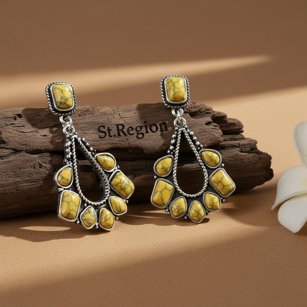 Yellow Marbled Turquoise and Silver-Plated Chandelier Drop Earrings, silver drop earrings for women, front view