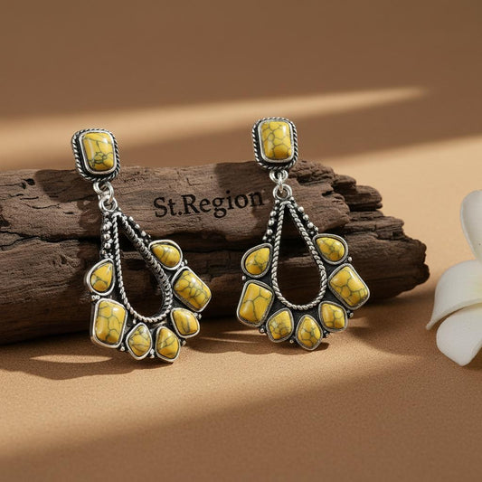 Yellow Marbled Turquoise and Silver-Plated Chandelier Drop Earrings, silver drop earrings for women, front view