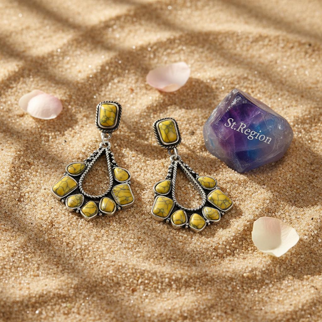 Yellow Marbled Turquoise and Silver-Plated Chandelier Drop Earrings, silver drop earrings for women, detail close-up