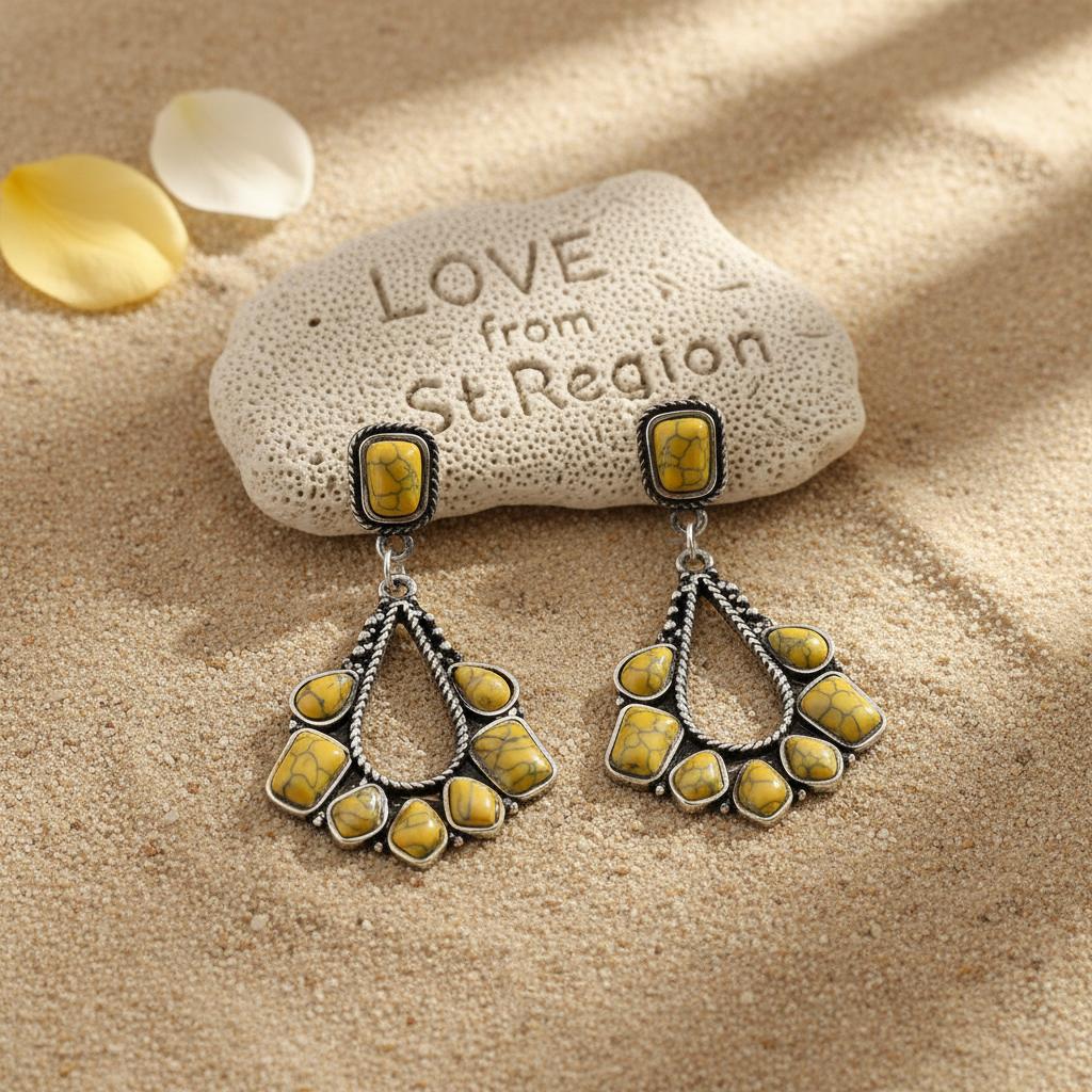 Yellow Marbled Turquoise and Silver-Plated Chandelier Drop Earrings, silver drop earrings for women, lifestyle look
