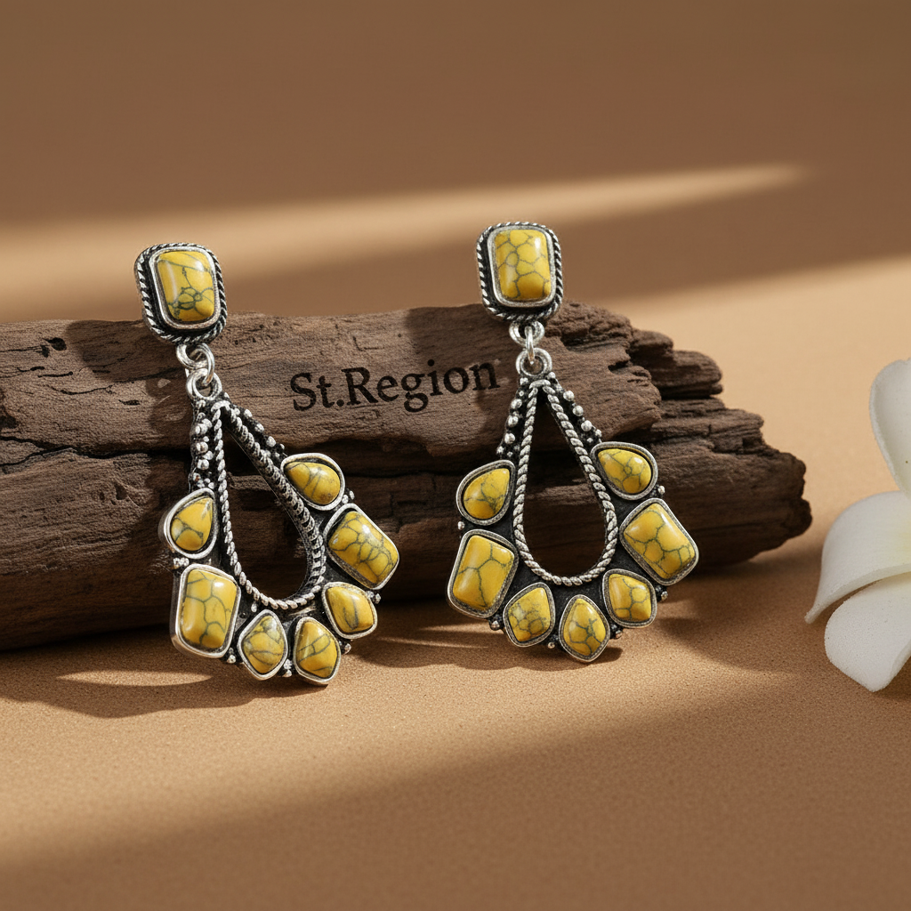 Yellow Marbled Turquoise & Silver-Plated Chandelier Drop Earrings - Street Region